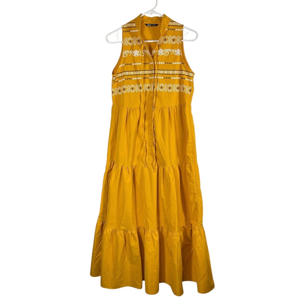 SHEIN Mustard Yellow Tiered Maxi Dress Sleeveless Boho Tribal Print Tie Neck S